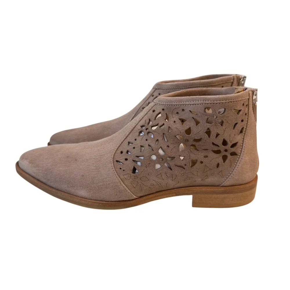Italeau Taupe Suede Laser Cut‎ Ankle Boots Womens 36 Boho Italian Leather Zip - Picture 5 of 8